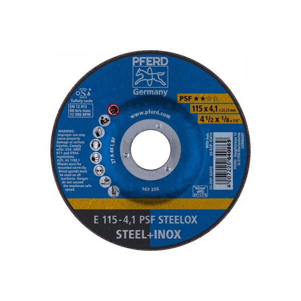 Pferd 4-1/2" x 1/8 Grinding Wheel, 7/8" A.H. - PSF STEELOX - Type 27 63410 - main